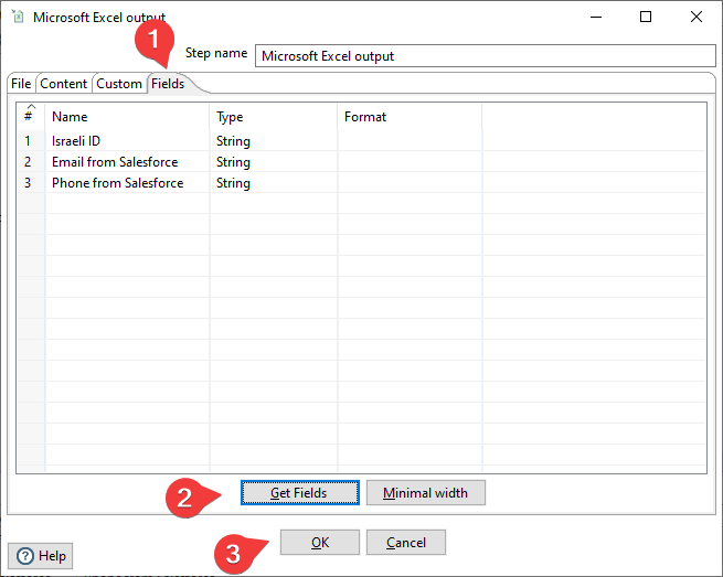 Microsoft Excel Output Settings - Fields